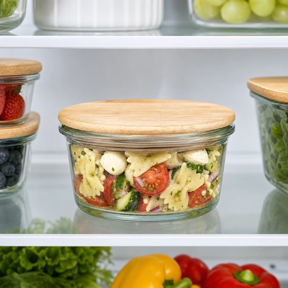 WECK gourmetpot 165ml met houten deksel in de koelkast gevuld met verse pastasalade tussen andere voorraadpotten