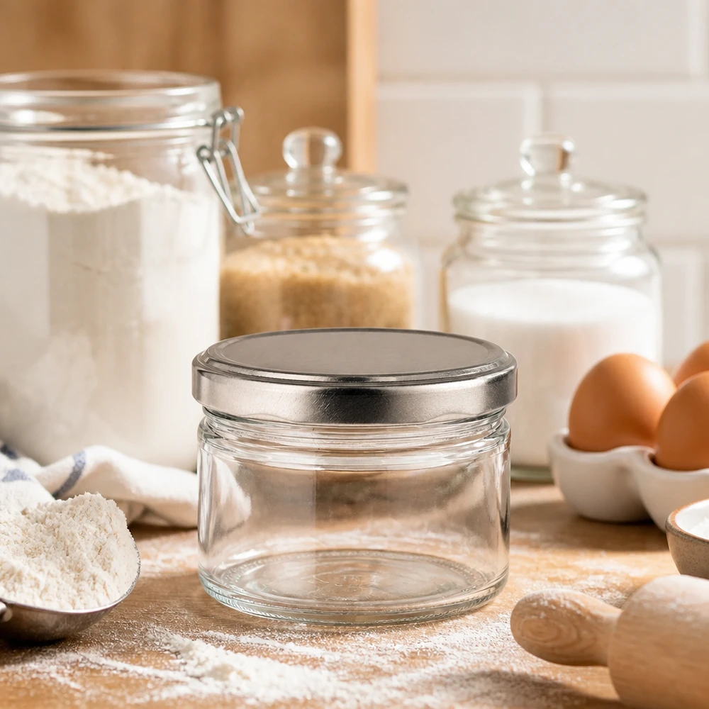 540ml rond glas met BasicSeal deksel zilver UNiTWIST 540ml ronde pot leeg met zilver mat deksel in keuken, bakingrediënten bloem eieren, veelzijdige voorraadpot
