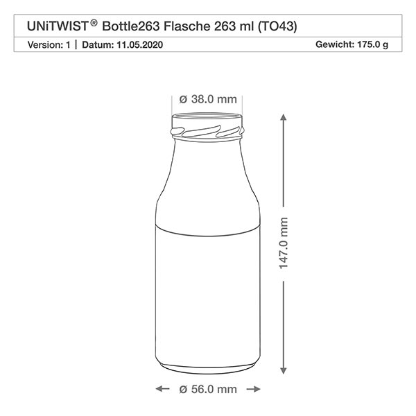 263ml fles zonder deksel (TO43) UNiTWIST UNiTWIST Bottle263 glazen fles 263ml TO43 met afmetingen 147mm hoogte 56mm diameter technische tekening