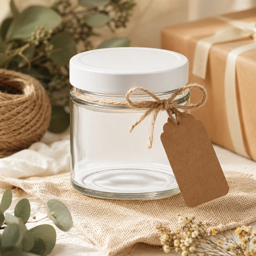 135ml rond glas met BasicSeal deksel wit deep UNiTWIST 135 ml ronde pot met wit BasicSeal deksel decoratief gerangschikt met kraftpapier label DIY geschenkverpakking