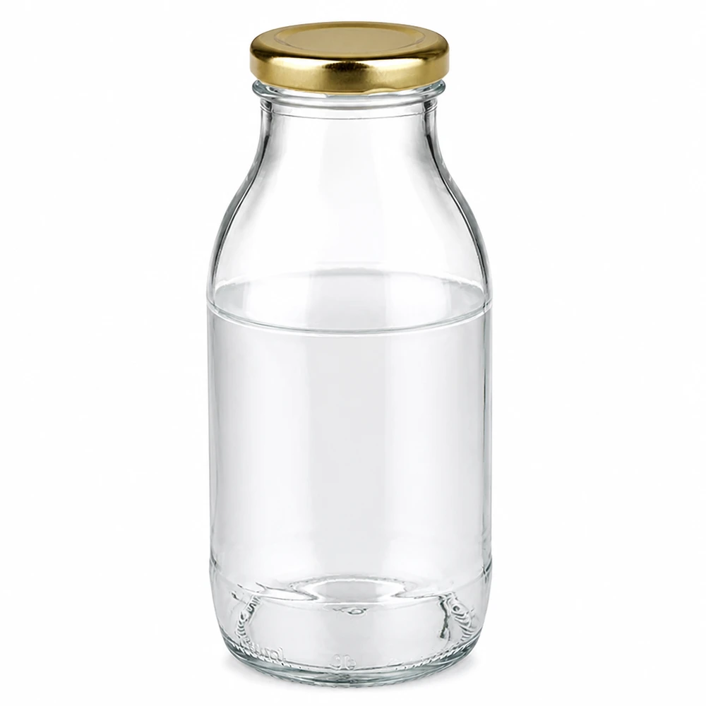 Glazen fles van 250 ml + BasicSeal-deksel goud UNiTWIST UNiTWIST glazen fles van 250 ml met BasicSeal-dop in goudkleur voor sap, melk en smoothies