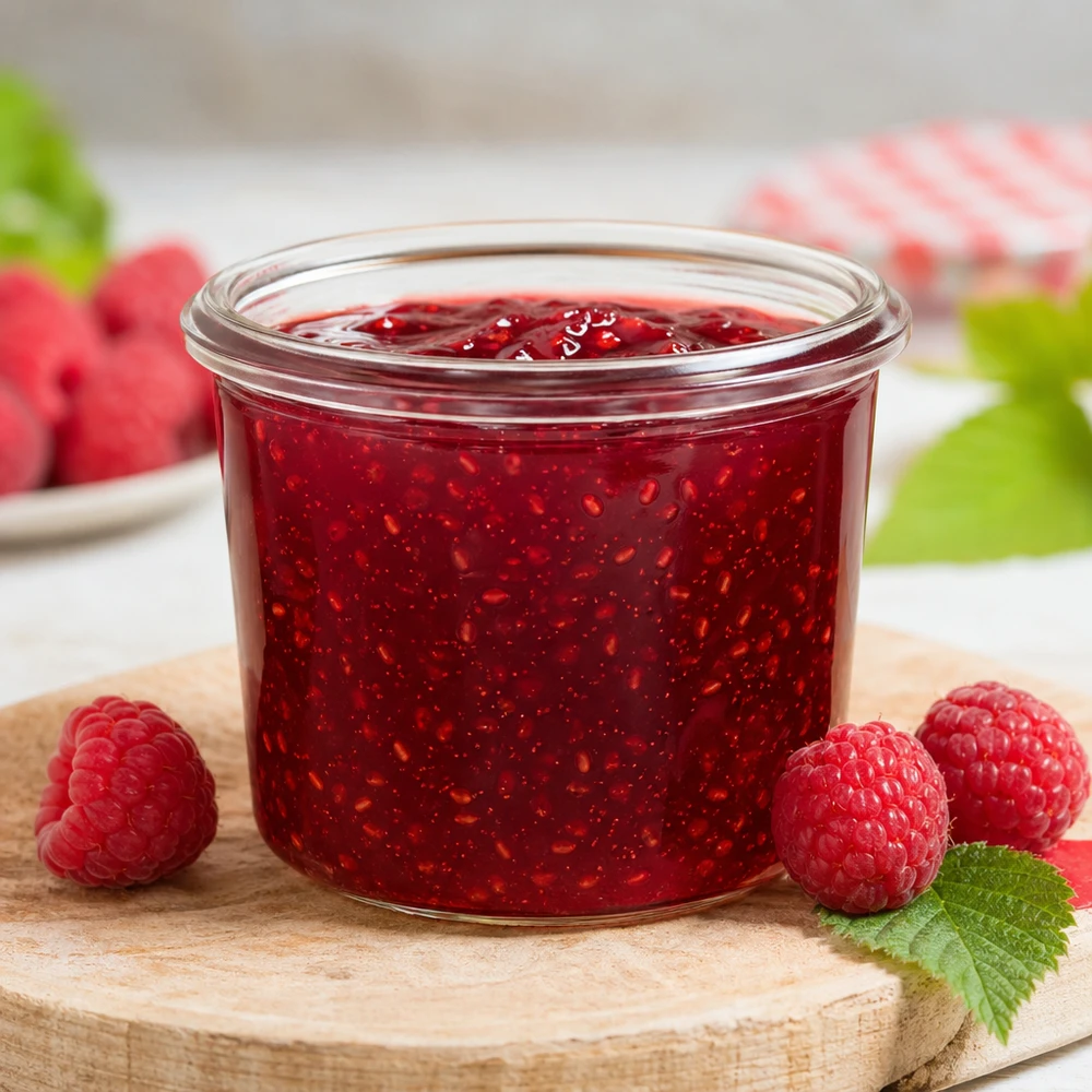WECK RR40-pot van 35 ml WECK RR40 35ml mason jar gevuld met rode jam omringd door verse frambozen op een houten plank