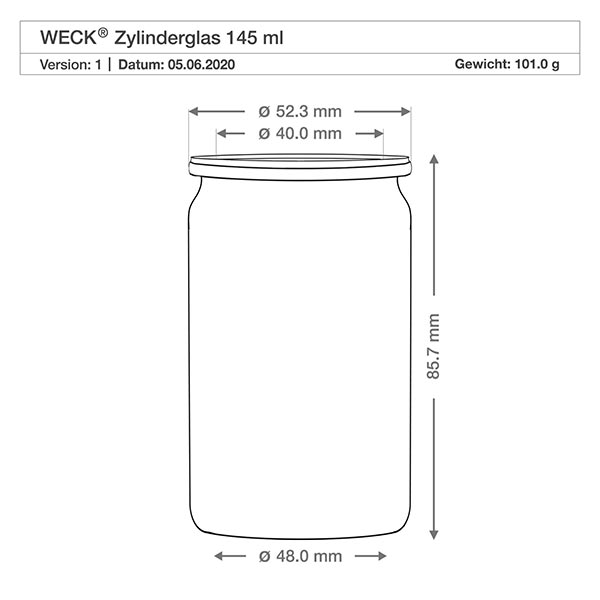 145ml cilinderglas met glazen deksel WECK RR40 WECK cilindrische pot 145ml RR40 technische tekening met afmetingen diameter 48mm hoogte 85.7mm gewicht 101g