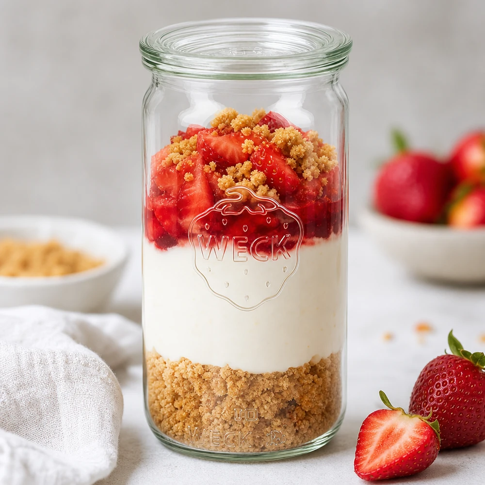 WECK 340 ml cilindervormige pot RR60 met aardbeien dessertlaag biscuit basis room en fruit als parfait inspiratie