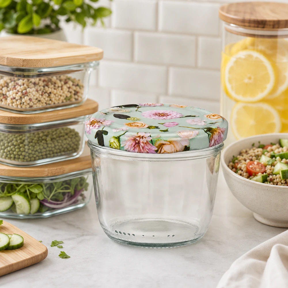 230 ml bekers met BasicSeal deksel bloem mint in stijlvolle keuken met kommen voor maaltijdbereiding en voorraadpotten
