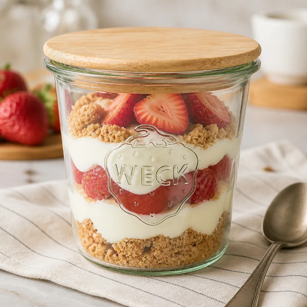 WECK bekers van 580 ml als dessertschaal met aardbeien en koekkruimels, houten deksel gesloten op keukentafel