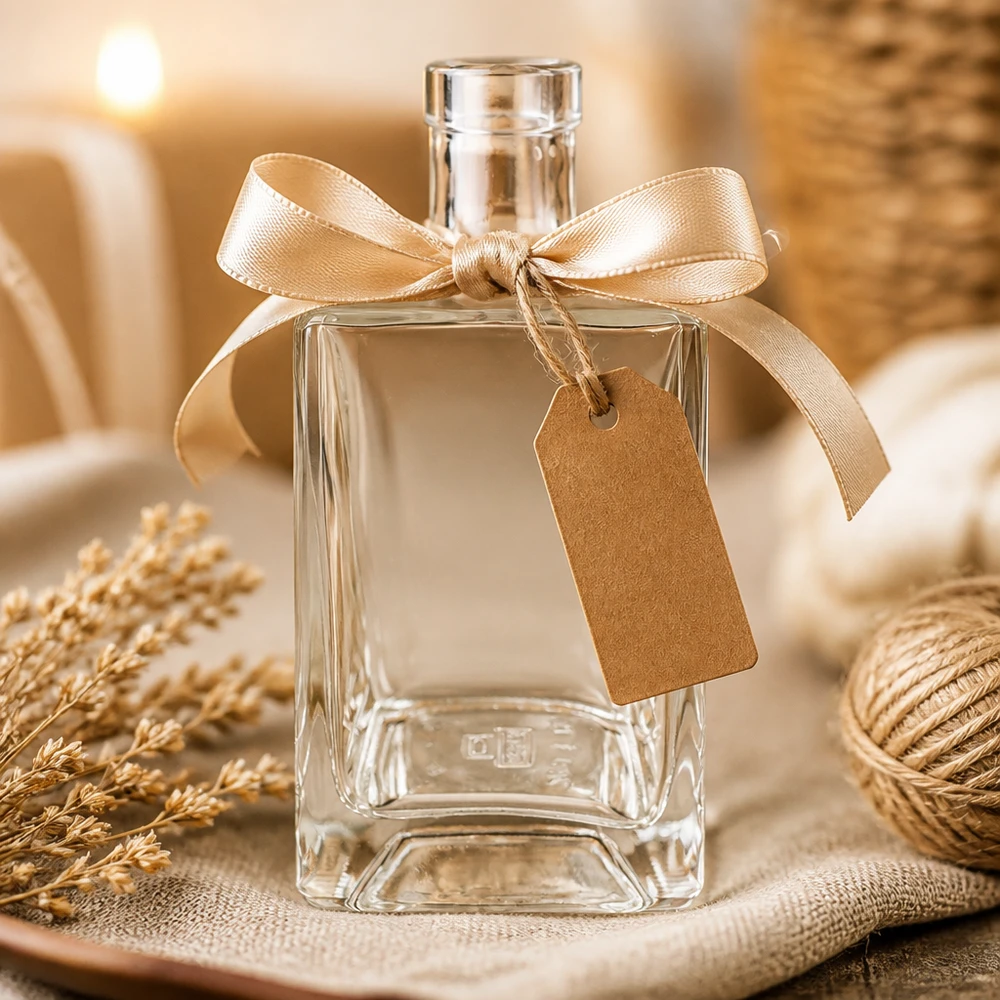 700 ml glazen fles Ben decoratief opgemaakt met een gouden strik en cadeaulabel als cadeau-idee