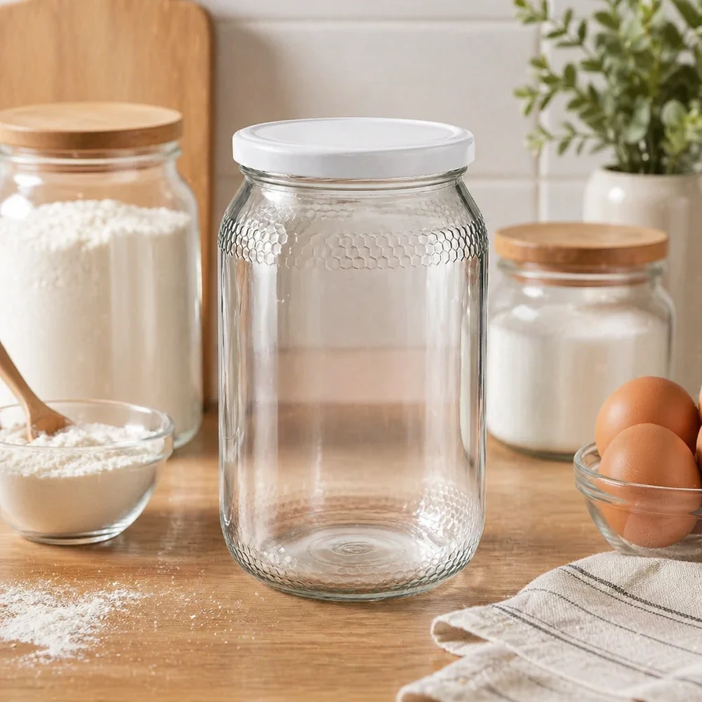 Honingpot 1260 g met witte BasicSeal UNiTWIST-deksel Honingpot 900ml leeg in keukensfeer met bakingrediënten bloem eieren toont praktische opslag BasicSeal deksel