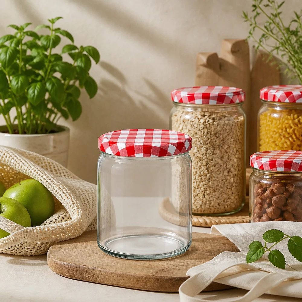 408ml rond glas met BasicSeal deksel rood/wit UNiTWIST 408ml ronde pot leeg in duurzame keuken met voorraad noten granen BasicSeal deksel rood wit Zero Waste