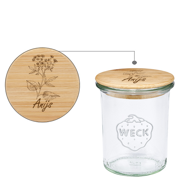 Houten dekselset "Anijs" met WECK maatbeker 160ml Houten dekselset "Anijs" met WECK maatbeker 160ml