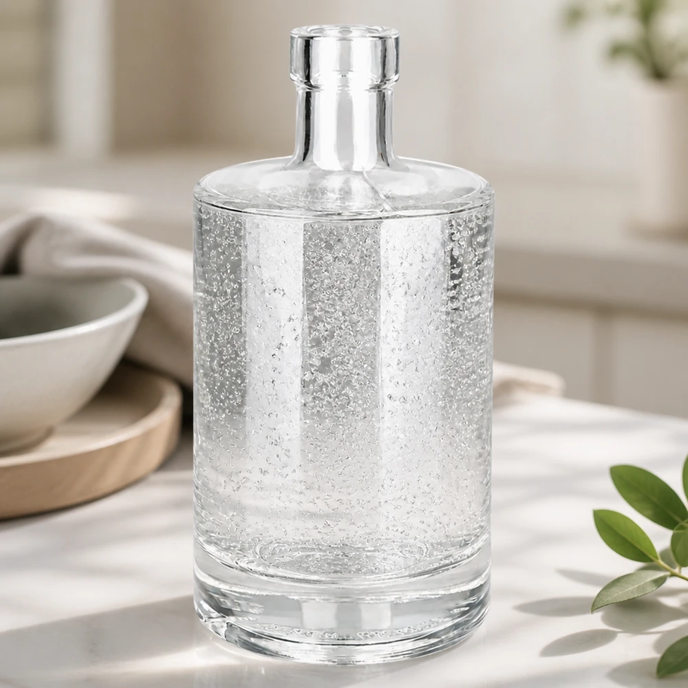 500 ml glazen fles Marie zonder sluiting UNiTWIST® 500ml glazen fles Marie gevuld met water toont de transparantie en kwaliteit van de UNiTWIST fles in een keukenambiance
