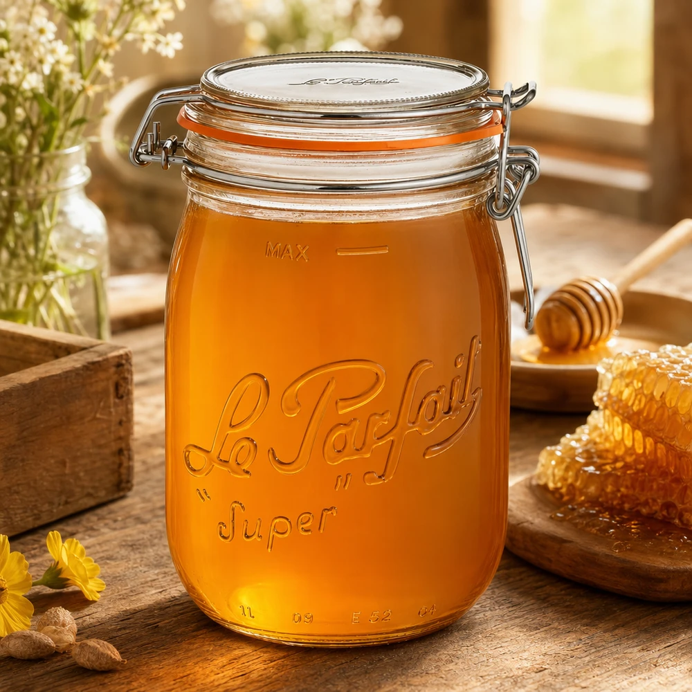 1000ml Le Parfait Super voorraadpot met draaidop gevuld met honing op een houten tafel met honingraat en honinglepel