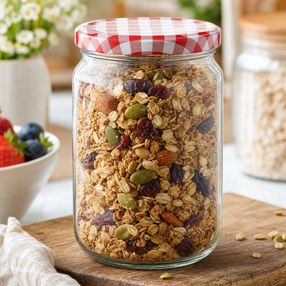 795ml rond glas met BasicSeal deksel rood/wit UNiTWIST 795 ml ronde pot met BasicSeal deksel gevuld met muesli en gedroogd fruit, ideaal voor het bewaren van voedsel in de keuken
