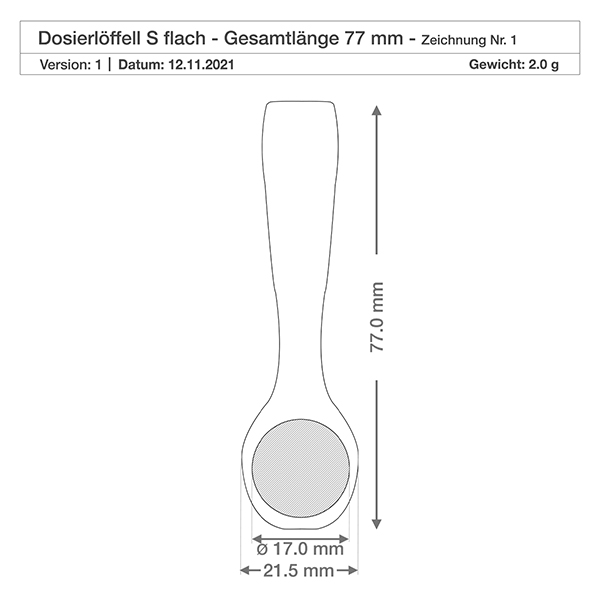 Houten schep maat S lepelvorm - 77mm lang Gedetailleerde maattekening kleine houten schop 77mm lengte 21,5mm breedte 17mm emmer diameter technische specificatie