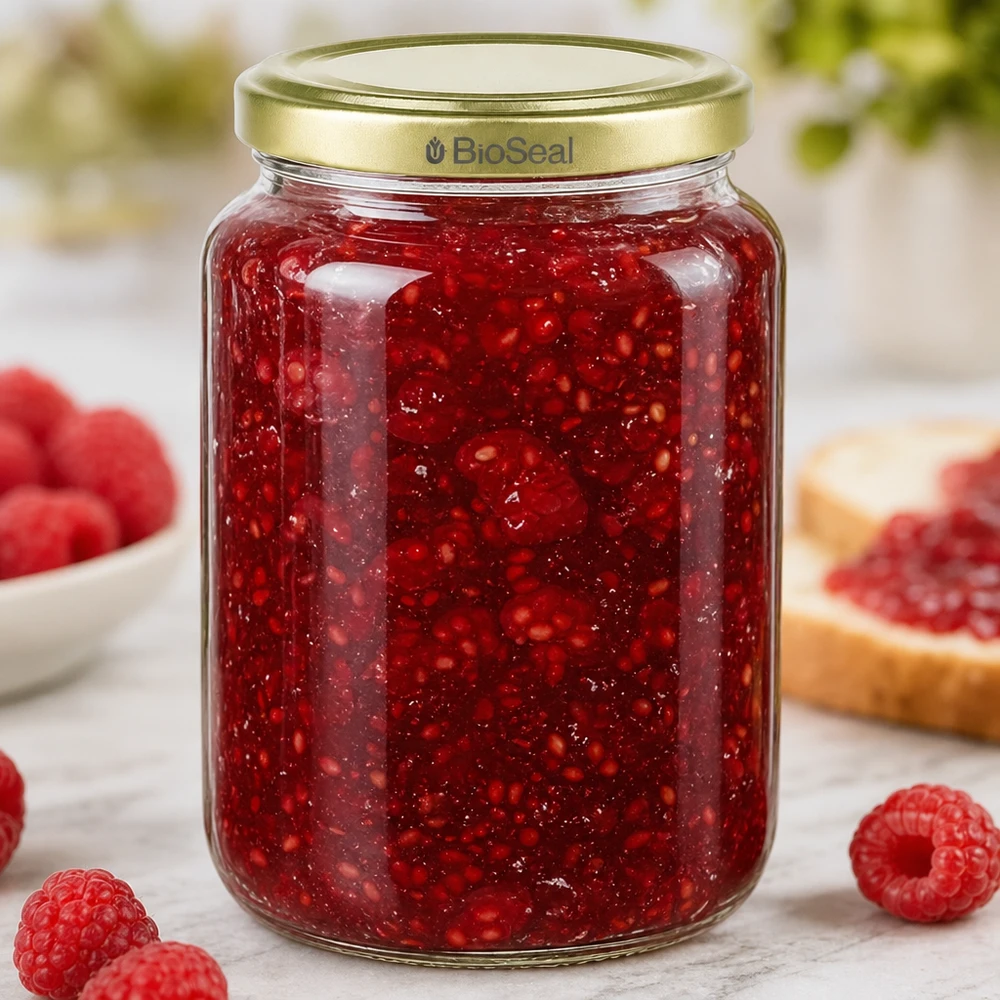 Honingpot 1000 g met gouden BioSeal UNiTWIST-deksel 1000g honingpot gevuld met rode frambozenjam toont praktisch gebruik voor conserveren en bewaren