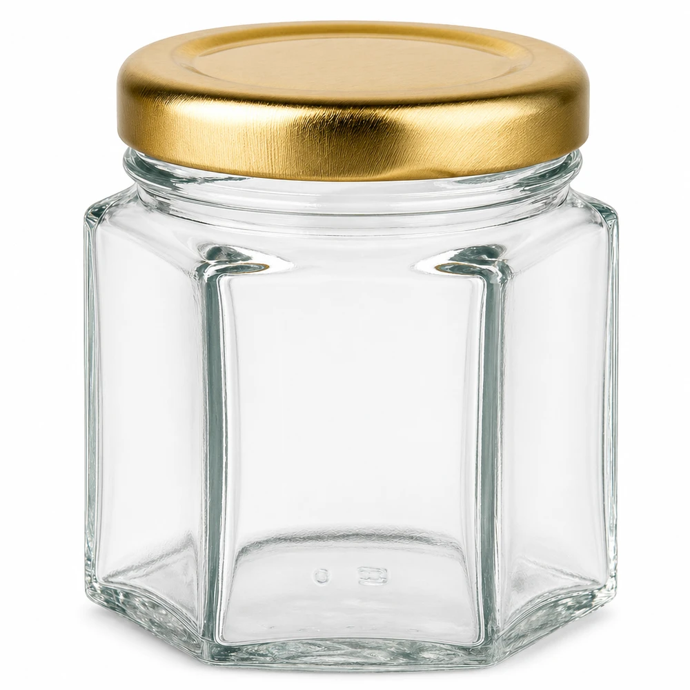 Honingpot 60 g met gouden deksel BasicSeal UNiTWIST 60g honingpot zeshoekig met gouden schroefdeksel BasicSeal UT transparant leeg voor honing en jam