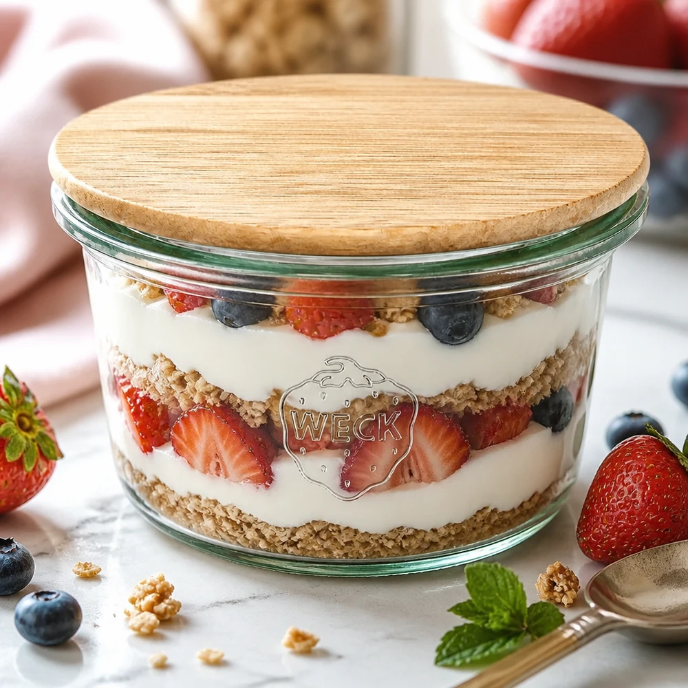 WECK mini tumblers 50ml als dessertschaal met yoghurt-bessen gelaagd dessert en bamboe deksel op een witte marmeren tafel