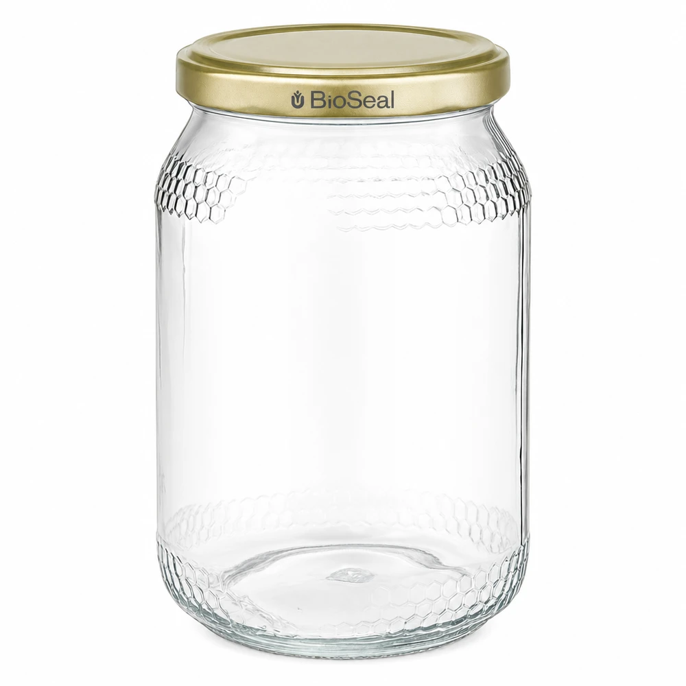 Honingpot 1260 g met gouden BioSeal UNiTWIST-deksel 900ml honingpot met gouden BioSeal UNiTWIST deksel lege transparante bijenteelt honing verpakking