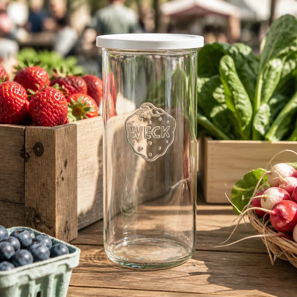 1500ml stortglas met vershouddeksel WECK RR100 WECK Sturzglas 1500ml RR100 mit Frischedeckel zwischen frischem Gemüse und Obst auf Holztisch im Markt-Ambiente