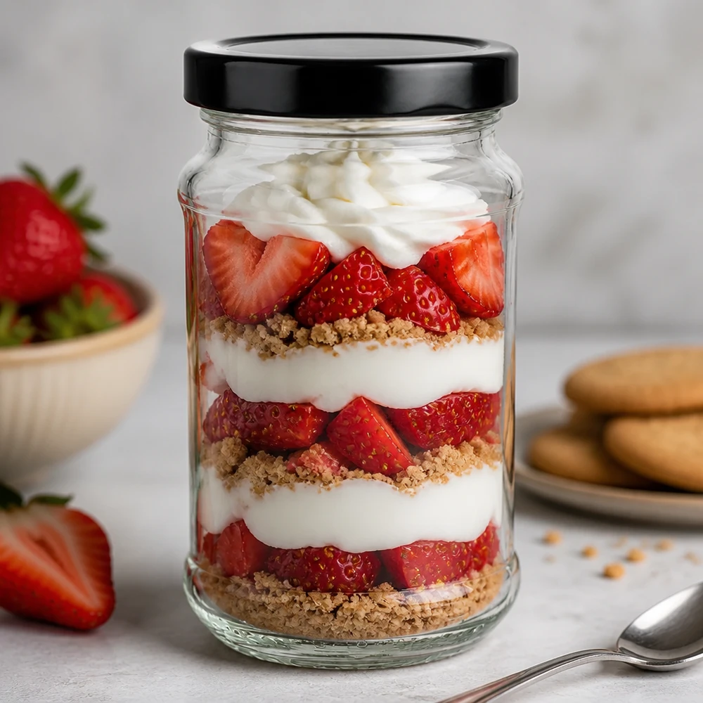 390ml rond glas met BasicSeal deksel zwart UNiTWIST 390 ml ronde pot met zwart BasicSeal deksel als dessertpot voor aardbeientrifle - perfect voor zoete lekkernijen