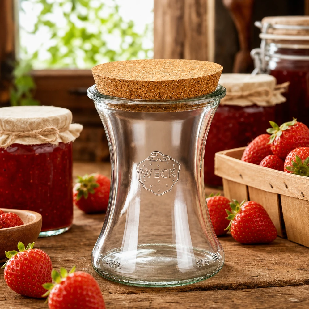 370ml delicatessenglas WECK RR80 met kurk WECK voorraadpot 370ml RR80 Lifestyle tafereel met aardbeien en jampotten op houten tafel in keuken