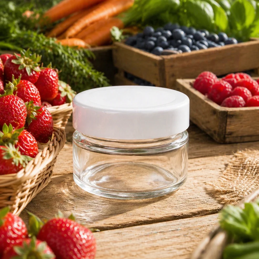 80ml rond glas met BasicSeal deksel wit deep UNiTWIST 80ml Rundglas mit weißem Deckel zwischen frischen Beeren - stilvolle Glasdose für natürliche Kosmetik und Cremes