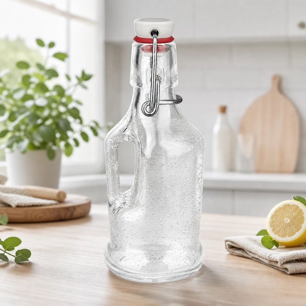 Lege 200ml glazen fles Bertha met waterdruppels en witte porseleinen zwenkstop op keukenblad UNiTW