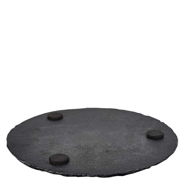 Leistenen dienblad rond Ø 150mm Leisteen bord rond 15cm met drie zwarte rubberen voetjes voor een anti-slip stand op een witte achtergrond