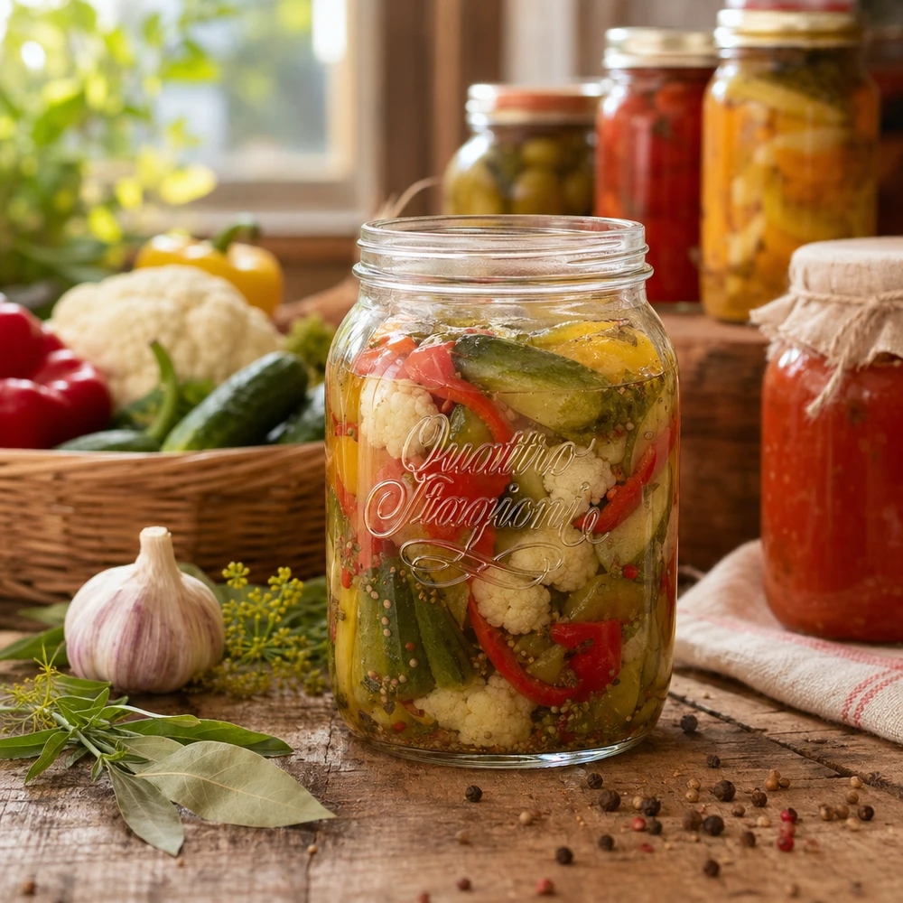 Quattro Stagioni inmaakpot 2000ml met ingemaakte groenten op een houten tafel naast verse ingrediënten en andere inmaakpotten