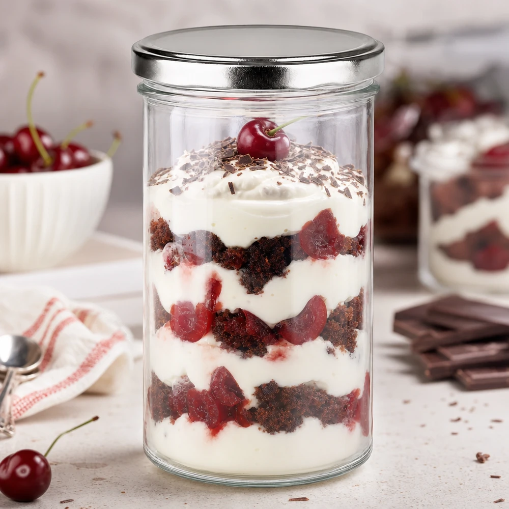 277ml bekers met BasicSeal deksel zilver UNiTWIST 277ml Sturzglas mit silbernem BasicSeal Deckel gefüllt mit Schichtdessert Kirsch-Schokolade perfekt für Desserts