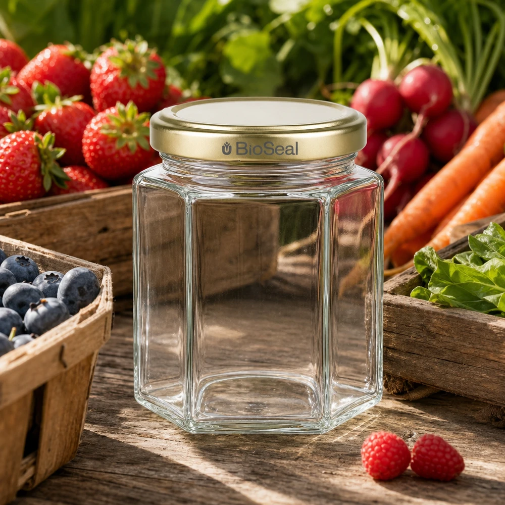 Honingpot 250 g met gouden BioSeal UNiTWIST-deksel 250g honingpot leeg zeshoekig BioSeal goud deksel tussen vers fruit en groenten op rustiek hout bijenteelt benodigdheden