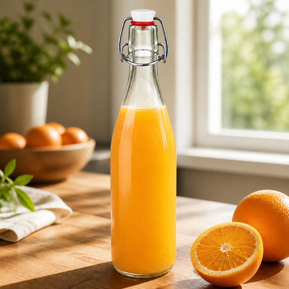 Glazen fles van 500 ml + porseleinen slingerdop UN... Glazen fles 500ml met draaidop gevuld met sinaasappelsap op houten plank naast verse sinaasappels in keuken