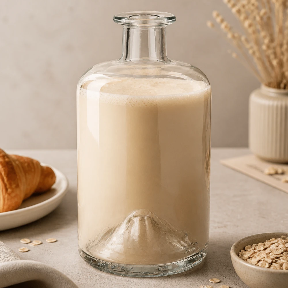 500 ml apothekersfles 500ml Glasflasche "Sofia" ohne Verschluss UNiTWIST zonder sluiting UNiTWIST® 500ml apothekersfles Sofia gevuld met havermelk lifestyle product fotografie keuken glas transparant leeg