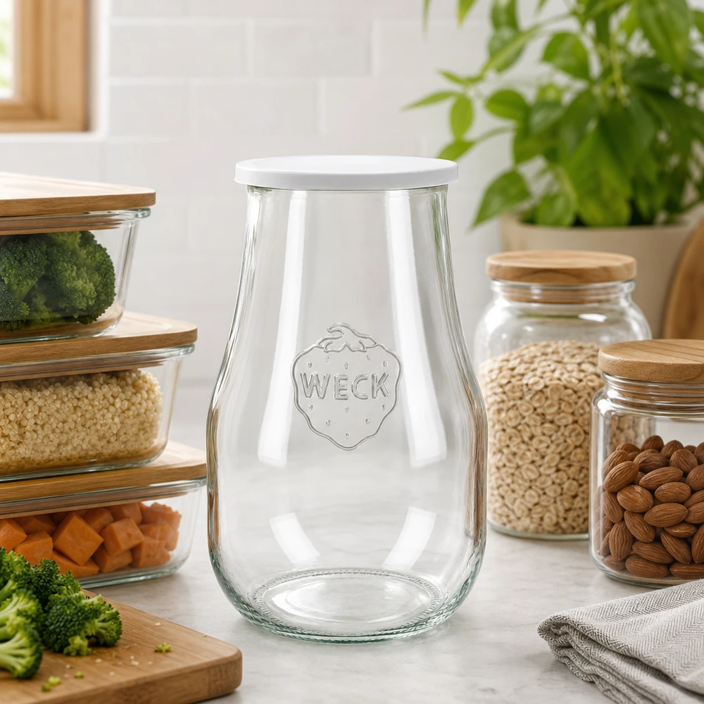 WECK tulpenpot 2700ml RR100 met wit deksel in een moderne keuken tussen voorraadpotten met noten en granen