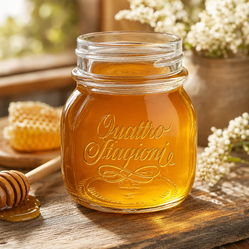 150ml Quattro Stagioni huishoudpot gevuld met honing op een rustieke houten tafel met honingraat en bloemen