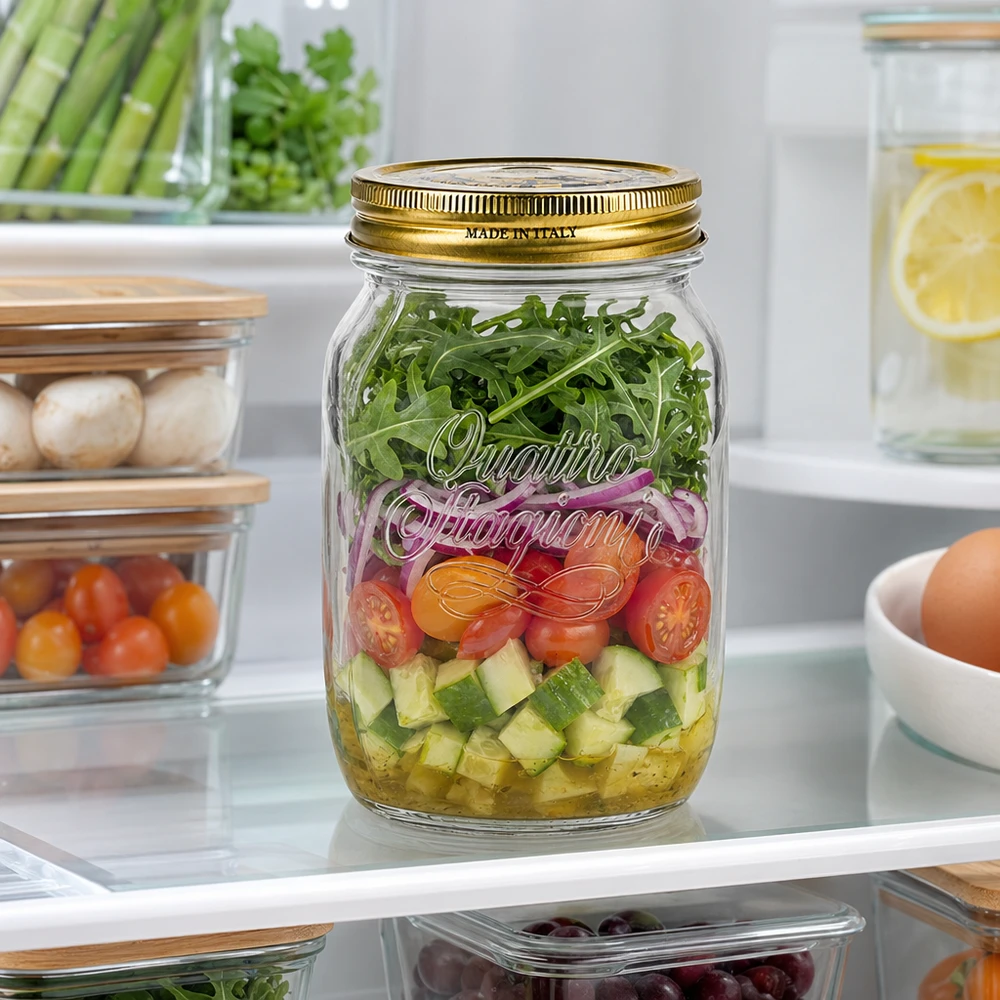 1000 ml rond glas "Quattro Stagioni" met deksel Quattro Stagioni inmaakpot 1000 ml met gelaagde saladegroenten Rucola in de koelkast Italiaanse inmaakpot
