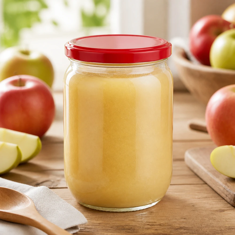 UNiTWIST-glas van 555 ml met rode deksel, gevuld met gele appelmoes naast appelschijfjes op een snijplank
