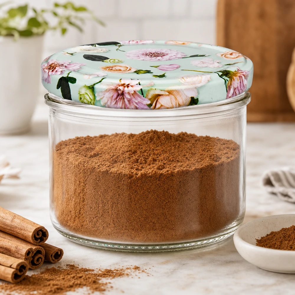 Voorraadpot 230ml gevuld met kaneel en bloemig BasicSeal deksel mint - praktisch keukenopbergmiddel