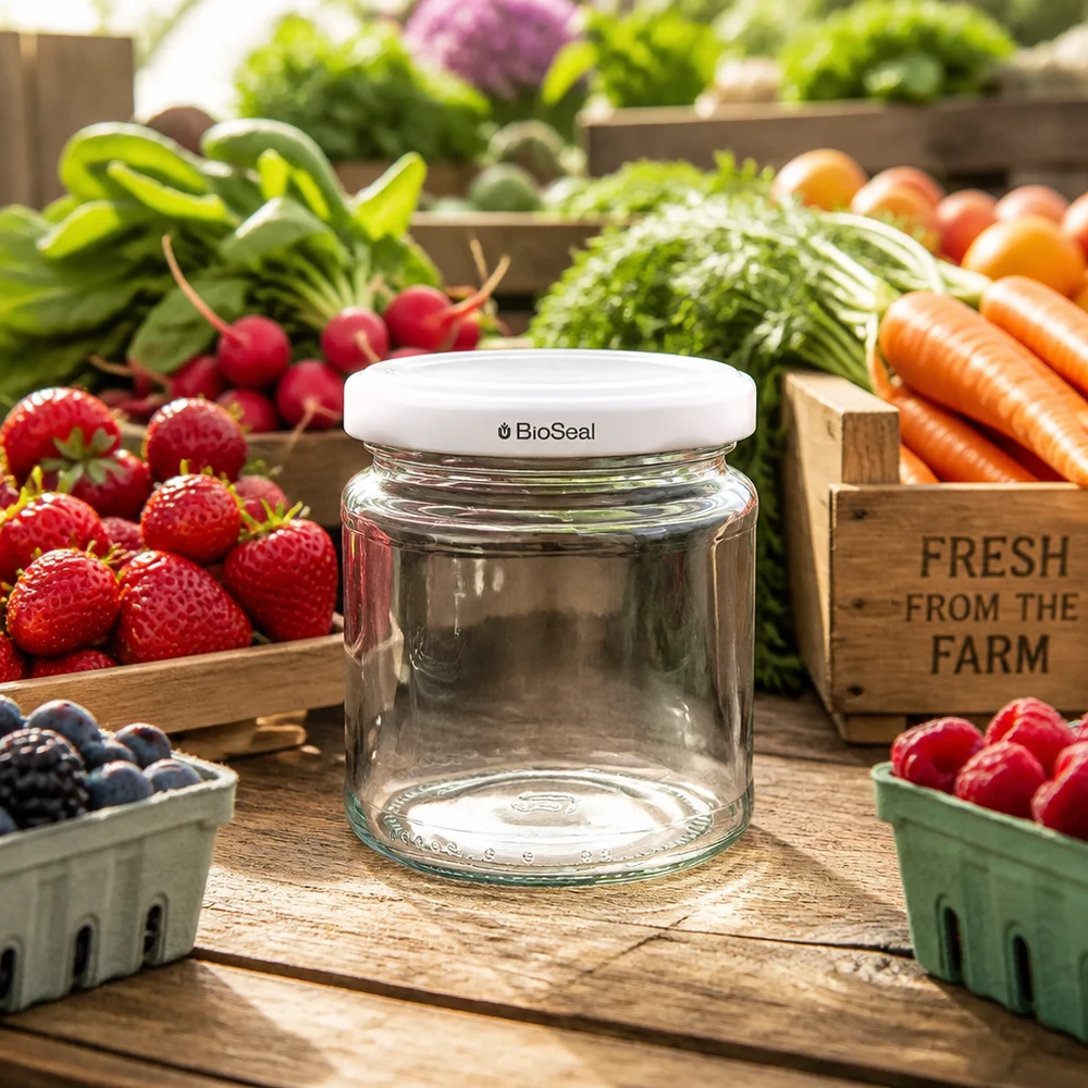212ml rond glas met BioSeal deksel wit UNiTWIST UNiTWIST Runda212 inmaakpot tussen vers fruit en groenten op een rustieke houten tafel in boerenmarktstijl
