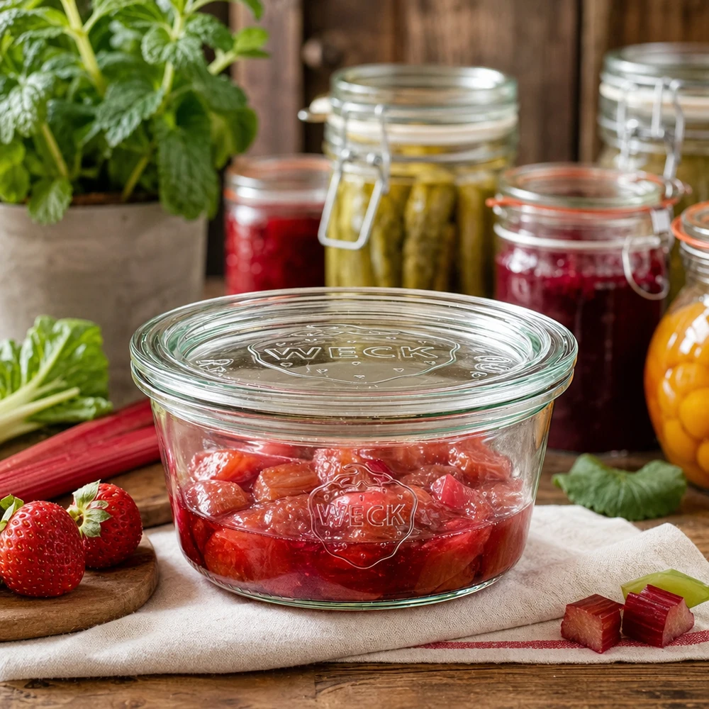 WECK bekers 290ml RR100 gevuld met rabarber-aardbeienjam in voorraadpotten met inmaakpotten en verse ingrediënten