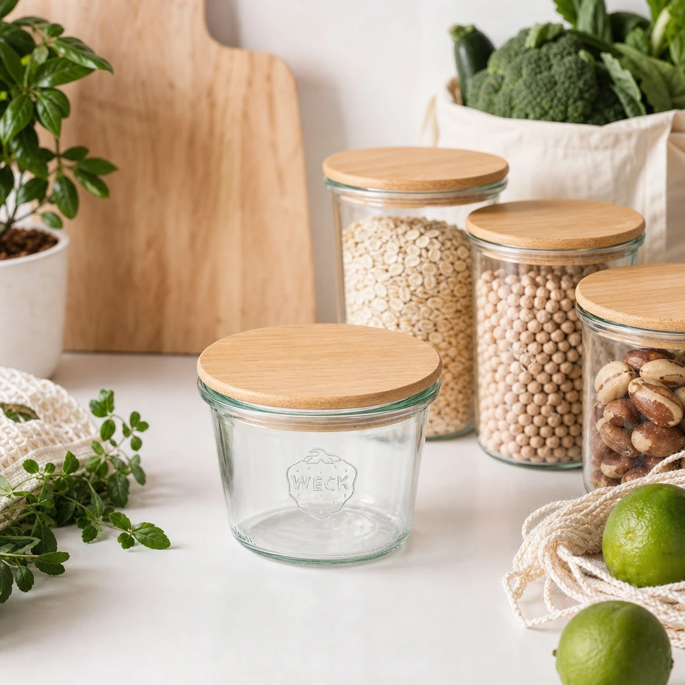 WECK RR100 bekers 370ml met bamboe deksel in duurzame keukeninrichting met voorraadpotten en biologische voeding