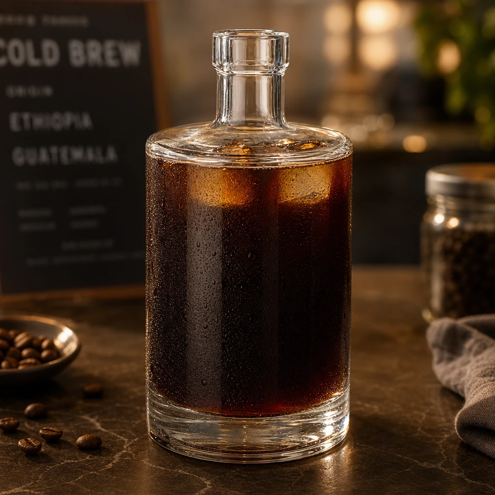 500 ml glazen fles Marie zonder sluiting UNiTWIST® 500 ml glazen fles Marie gevuld met cold brew koffie toont geschiktheid voor koude dranken en café sfeer