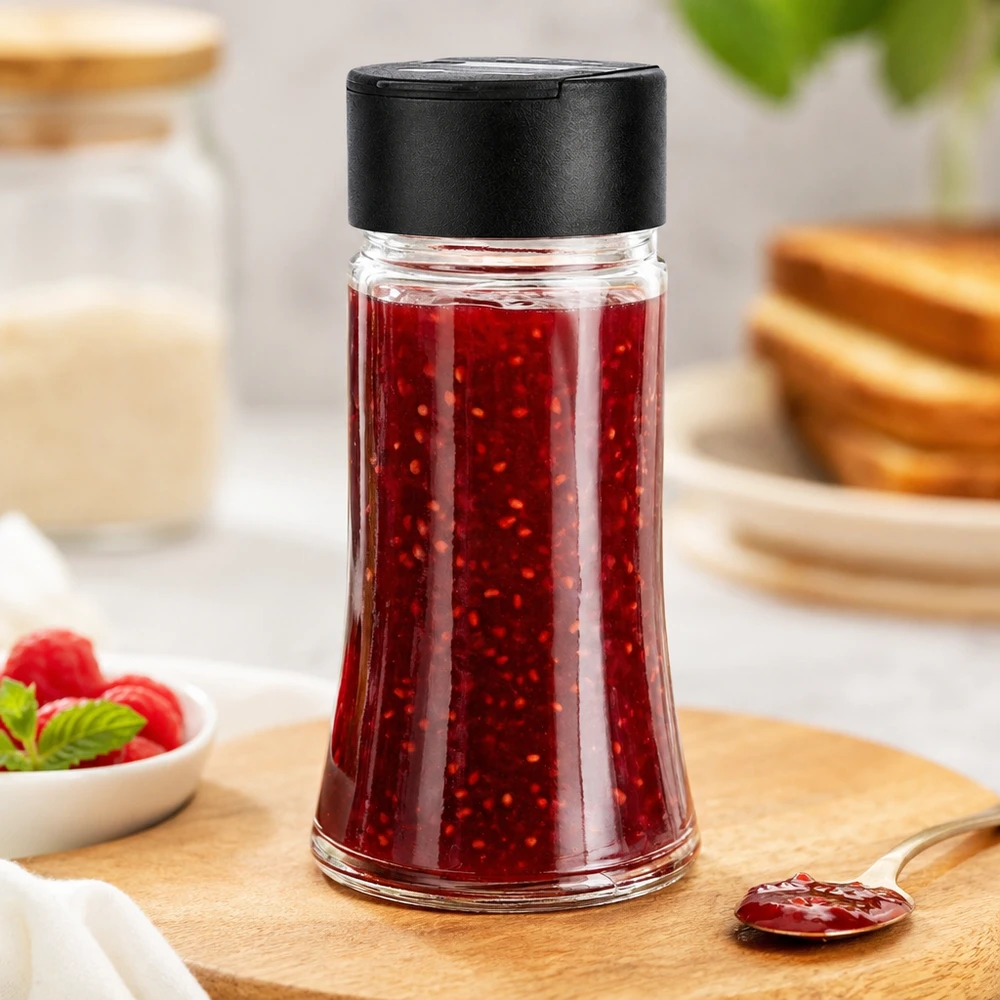 Zout-/kruidenpotje 95 ml met dubbele strooier, zwart Doorzichtig voorraadpotje van 95 ml met bessenjam, een zwarte deksel en een lepeltje als accessoire