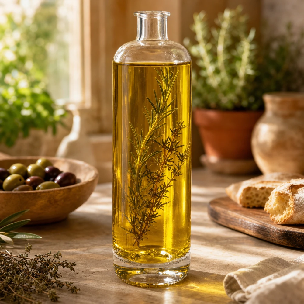 700 ml glazen fles Ella zonder sluiting UNiTWIST® 700 ml glazen fles Ella gevuld met kruidenolie op een houten tafel tussen olijfbrood en mediterrane keukendecoraties