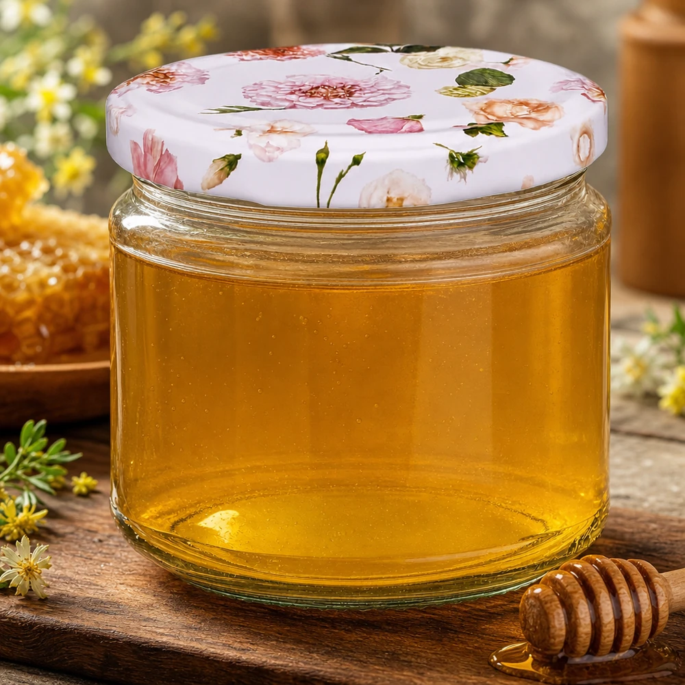Ronde pot van 330 ml + deksel BasicSeal roze bloem UNiTWIST 330ml Rundglas mit rosa Blütenmuster gefüllt mit goldenem Honig neben Honiglöffel und Bienenwabe rustikale Küche
