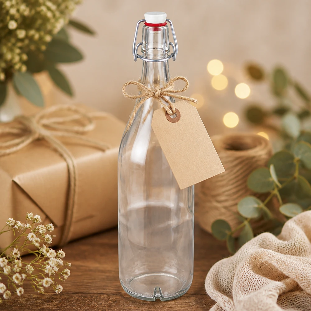 Glazen fles van 1000 ml + porseleinen slingerdop UN... 1000ml glazen fles met swing top porselein als cadeau met hanger en natuurlijke decoratie arrangement