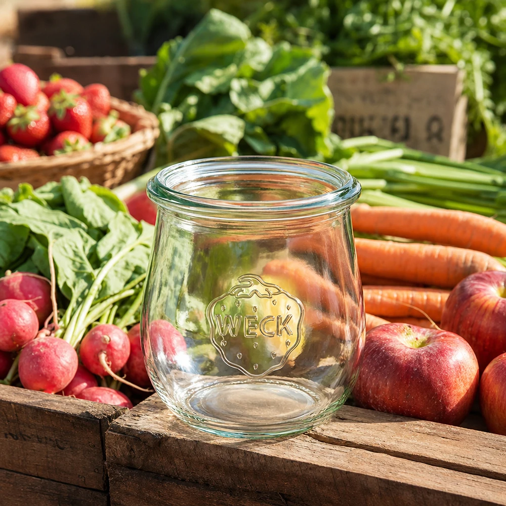 220ml tulpenpotten WECK RR60 WECK tulpenpot 220ml RR60 leeg tussen verse groenten fruit op houten kist rustieke keuken sfeer