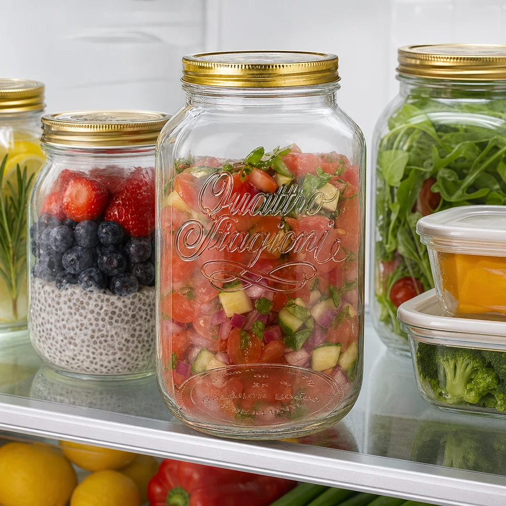 3800 ml rond glas "Quattro Stagioni" met deksel Quattro Stagioni 3800ml inmaakpot gevuld met salsa en bessen in de koelkast Meal Prep Storage