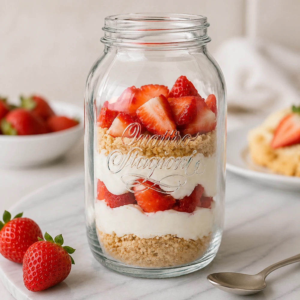 Quattro Stagioni 1500ml Einmachglas mit Schichtdessert aus Erdbeeren und Creme - perfekt für Meal Prep und Aufbewahrung