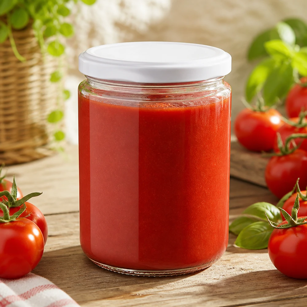 Rond glas van 490 ml + BasicSeal-deksel, wit, UNiTWIST Glazen pot van 490 ml met een witte BasicSeal-deksel van het type UNiTWIST op een houten tafel met verse tomaten